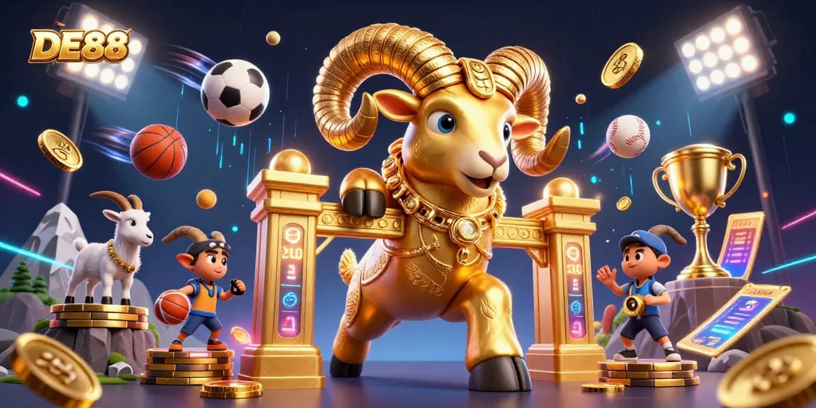 Experience thrilling gameplay at DE88 with golden ram charging amidst sports excitement.