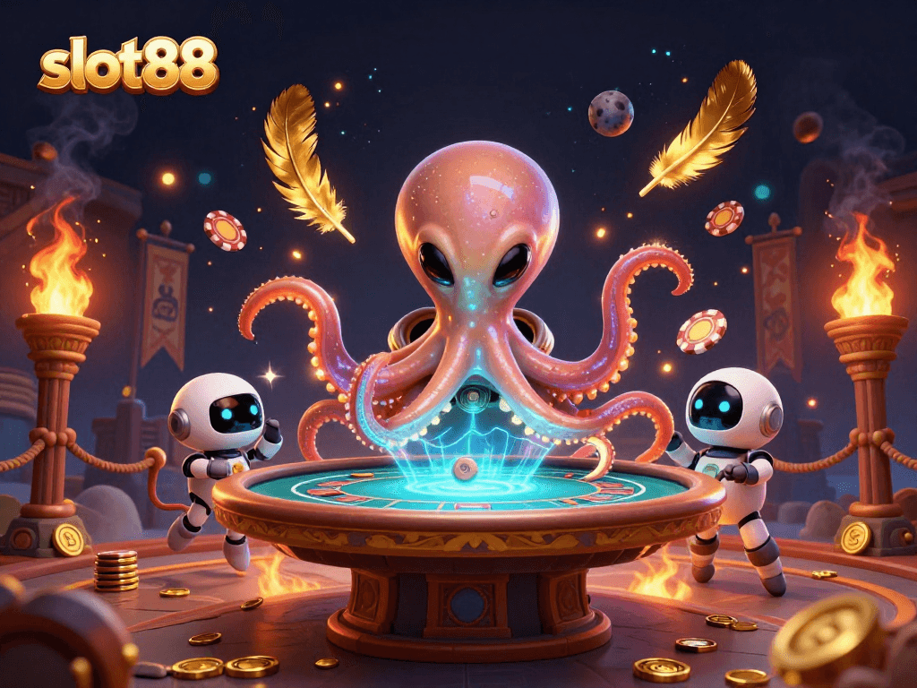 Slot88 menghadirkan pengalaman bermain slot yang menarik dengan karakter 3D kucing raksasa di arena penuh warna.