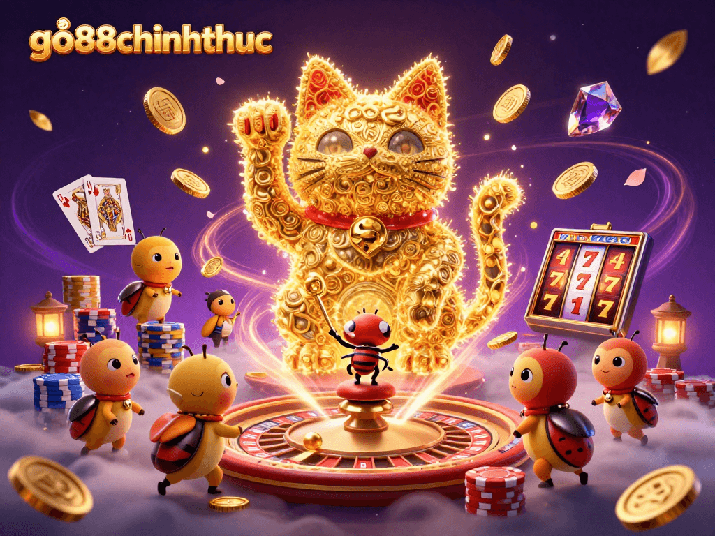 Experience go88chinhthuc as a giant lucky cat delights in casino riches in this vibrant illustration.