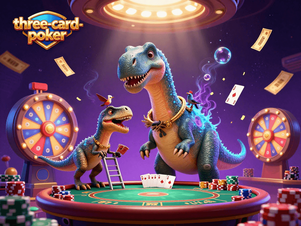 Engage in three-card-poker with a fun-filled scene of a brontosaurus, raptor, and dynamic poker elements.