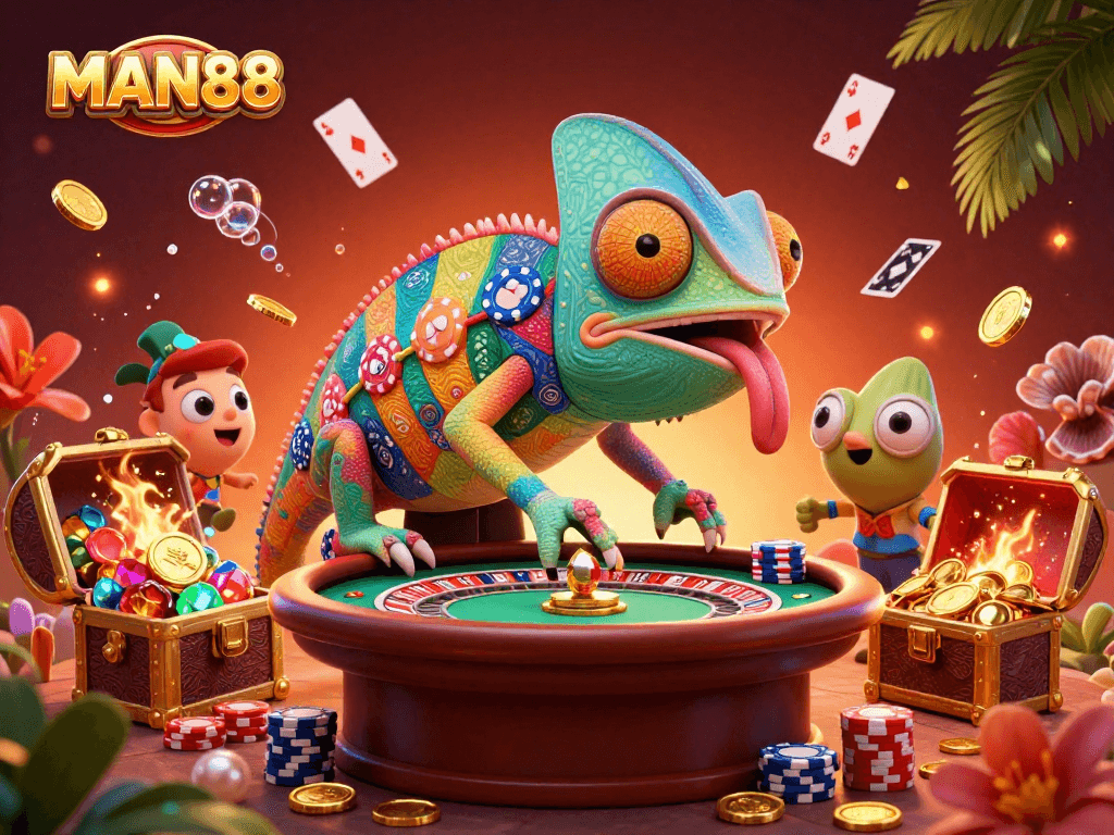 Engage in thrilling gameplay with MAN88 as the chameleon casino owner depicts a vibrant gaming world.