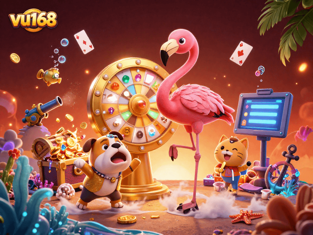 Spin the golden prize wheel at vu168 with an excited bulldog contestant and scoreboard cat assistant revealing exciting gambling prizes!
