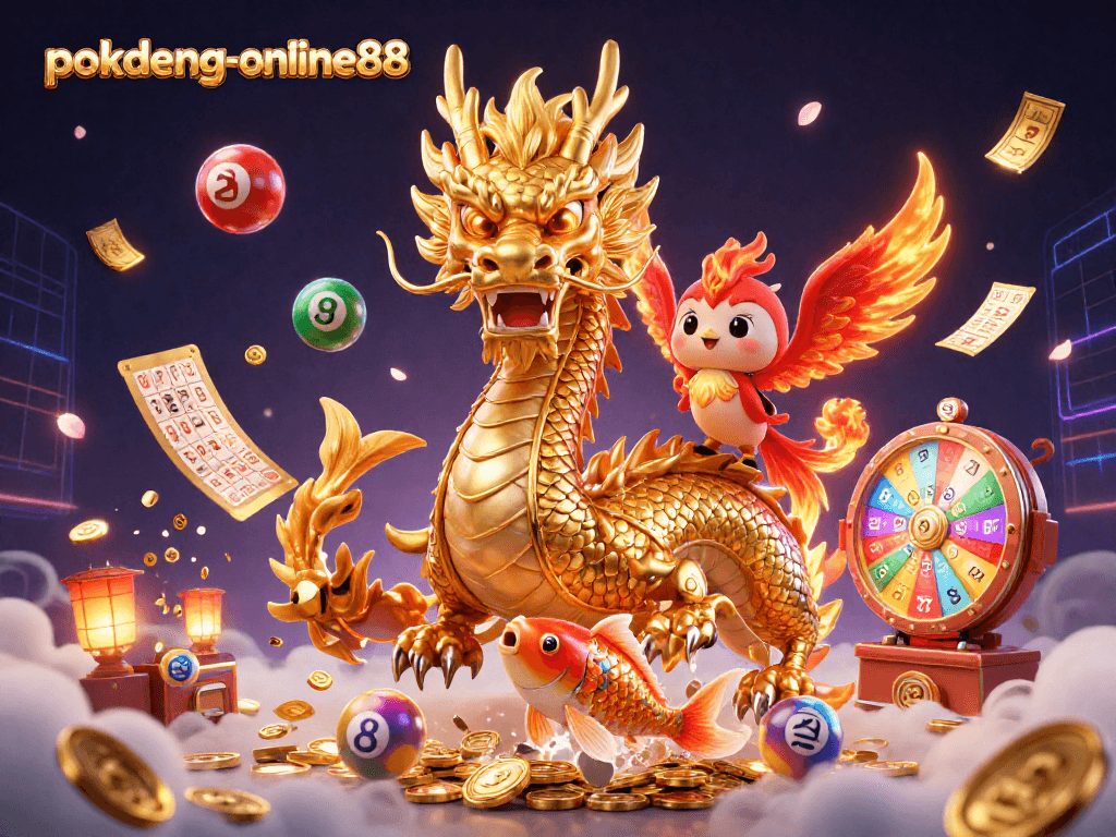 Experience thrilling gameplay with pokdeng-online88, featuring a fierce dragon, phoenix, and koi amidst vibrant casino elements.