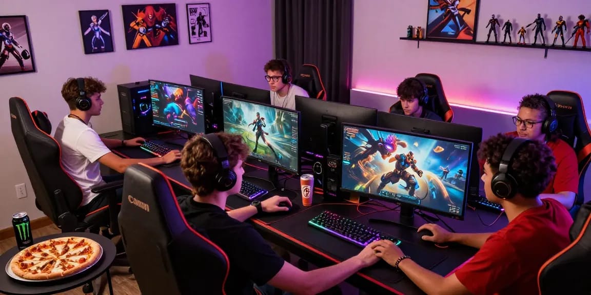Gamers immersed in competitive online gaming with gacha168 setups.