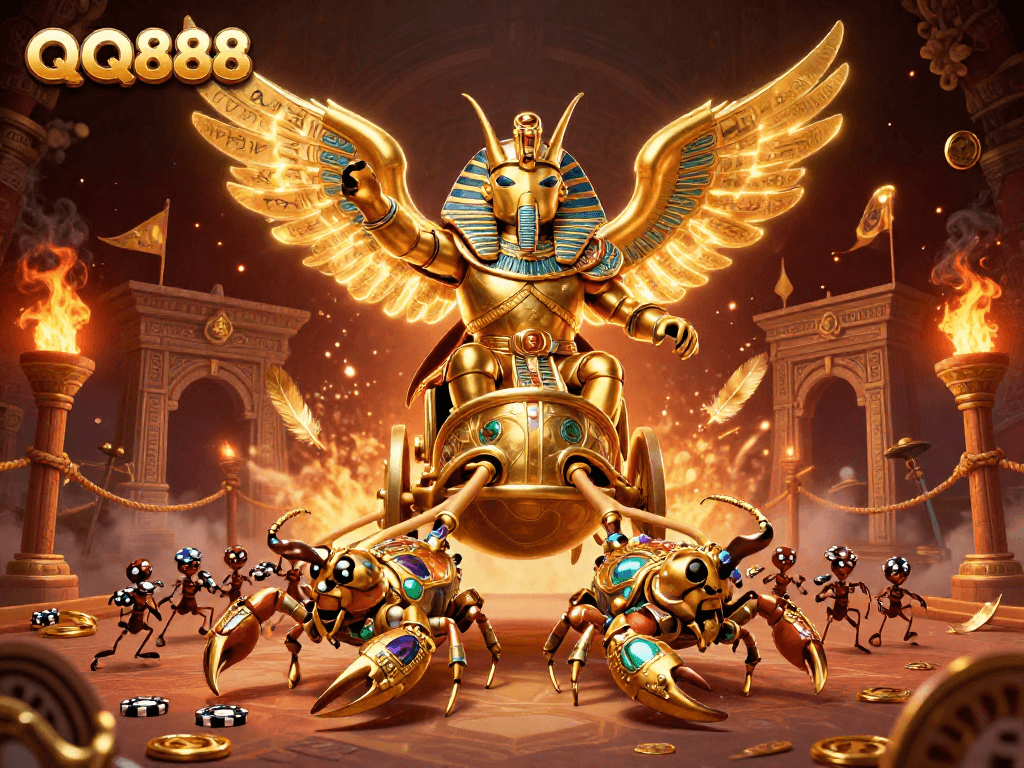 Experience thrilling action with QQ888 in this vibrant 3D casino scene featuring golden characters and dynamic elements.