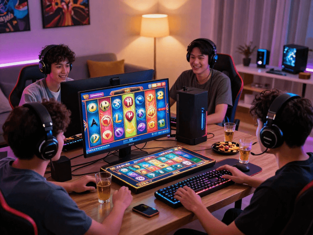 Pengalaman bermain slot7000 dengan pemain terlibat dalam permainan slot online di ruang tamu yang nyaman.