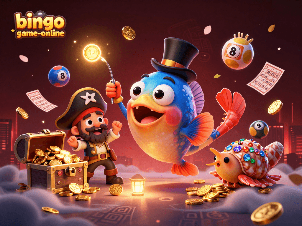 Engaging bingo-game-online scene featuring vibrant bingo balls and lucky coins spilling from treasures.
