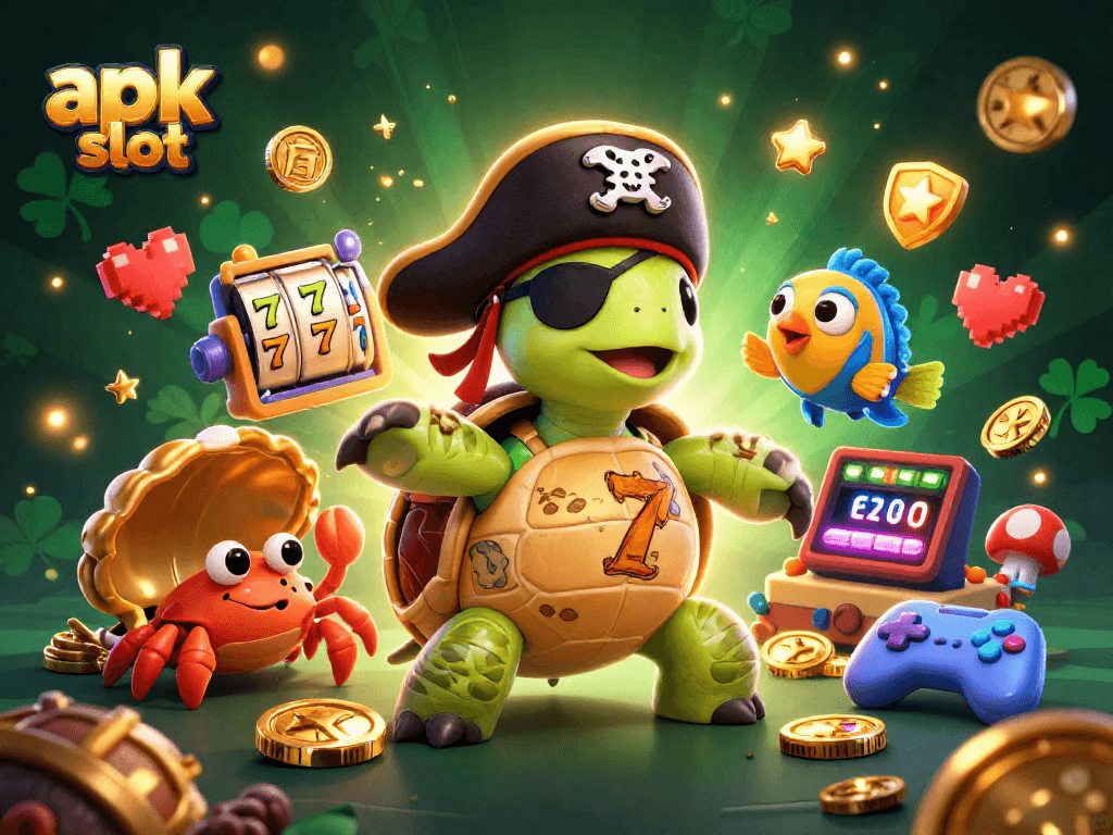 Jelajahi apk slot dalam gambar ilustrasi konsep kasino dengan karakter unik dan elemen permainan menarik.