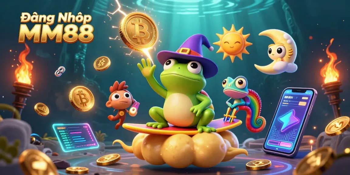 Experience the thrill of gaming with Đăng Nhập MM88, featuring dynamic 3D illustrations of a fantasy casino world.