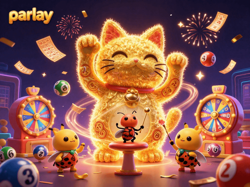 Experience lively parlay betting interactions with vibrant golden cat illustration in a festive casino setting.