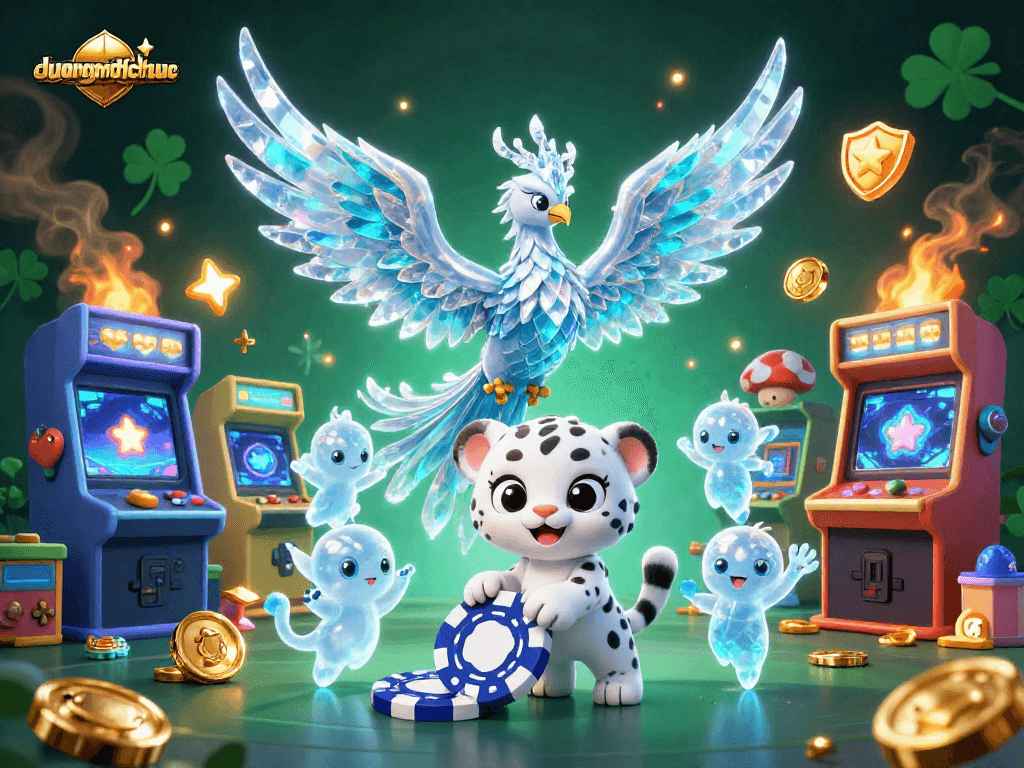 Experience duongmatchuoc in action with a vibrant 3D scene featuring an ice phoenix and gaming elements.