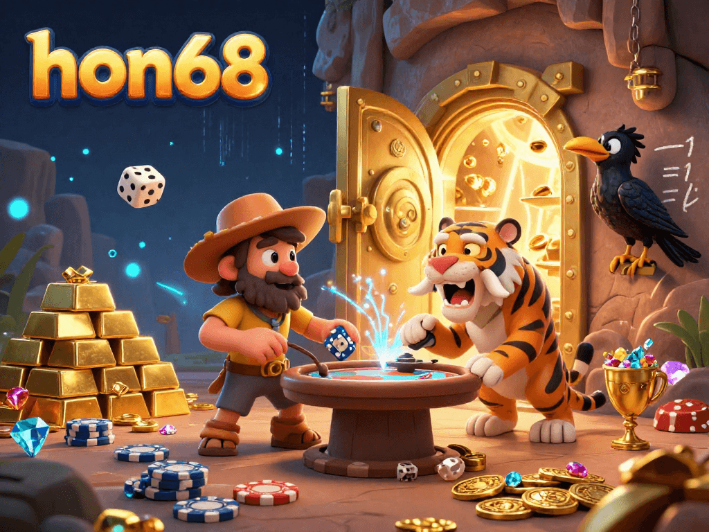 Experience excitement at hon68 with a prehistoric casino scene filled with treasures and playful characters.