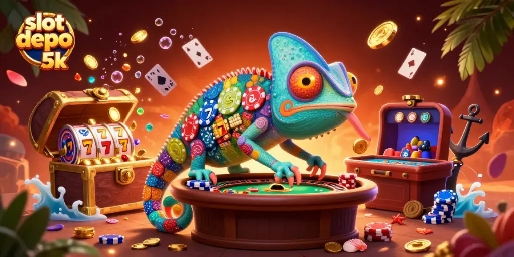 Engage with slot depo 5k's vibrant casino scene featuring an animated chameleon owner.