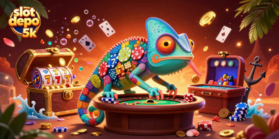 Engage with slot depo 5k's vibrant casino scene featuring an animated chameleon owner.