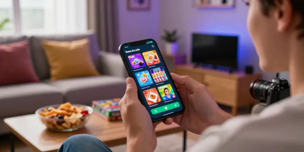 Player enjoying the Yono Arcade gaming app in a cozy living room, showcasing a fun and engaging mobile gaming experience.