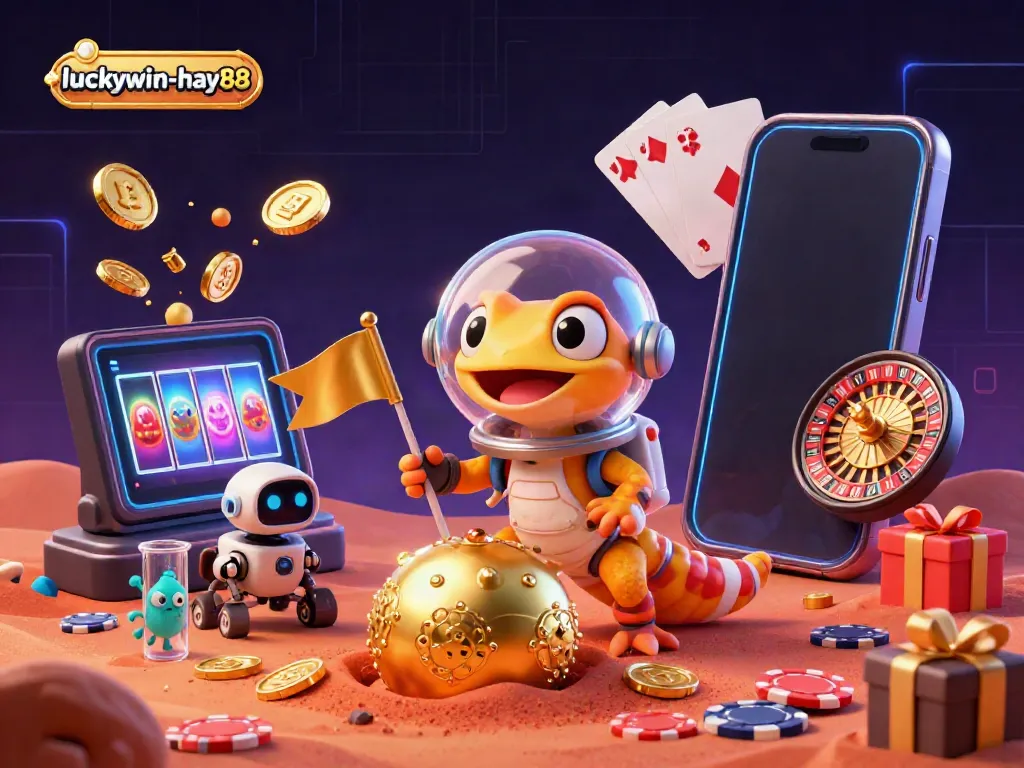 Experience the thrilling world of luckywin-hay88 with a vibrant 3D Martian gecko discovering a golden casino.