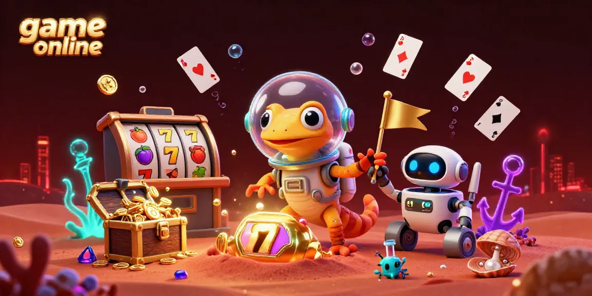 Experience the thrill of game online with a Martian gecko discovering a golden casino in this vibrant illustration.