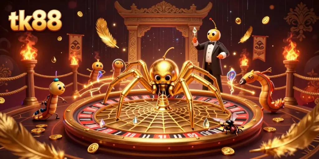 Engage with tk88 as a golden spider spins a roulette wheel in a vibrant casino scene filled with action and elements.