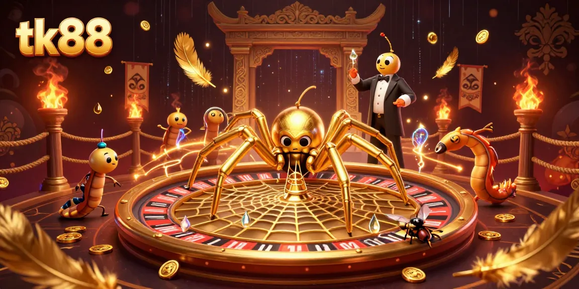 Engage with tk88 as a golden spider spins a roulette wheel in a vibrant casino scene filled with action and elements.