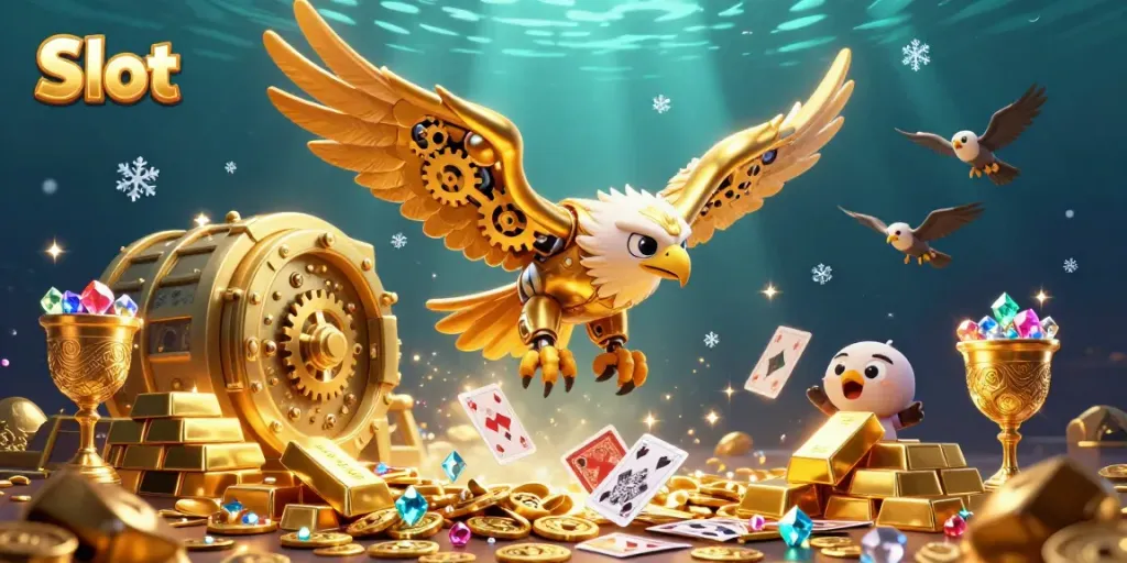 Experience dynamic Slot gaming with a cybernetic eagle and dazzling treasures in a vibrant scene.