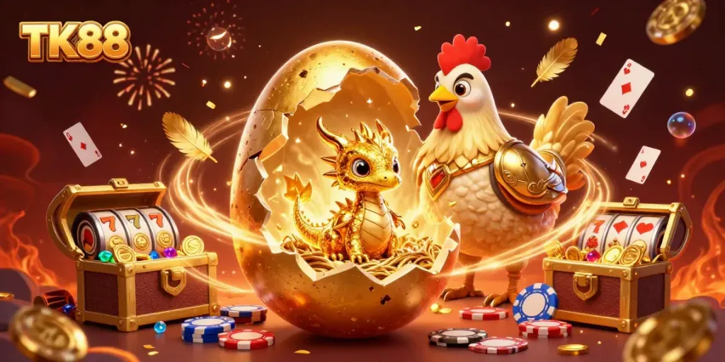 Engage with TK88's vibrant 3D casino scene showcasing golden elements and dynamic gaming action.