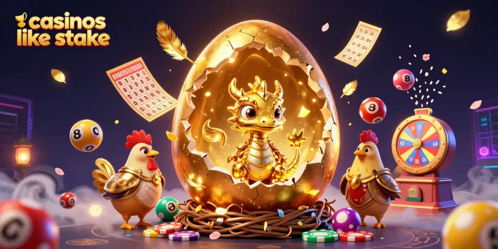 Experience casinos like stake with vibrant golden dragon, poker chips, and dynamic gaming elements.