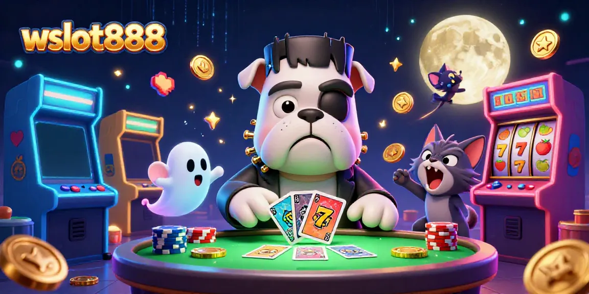 Gambar wslot888 yang menarik dengan bulldog Frankenstein mengocok kartu di meja yang menyeramkan.