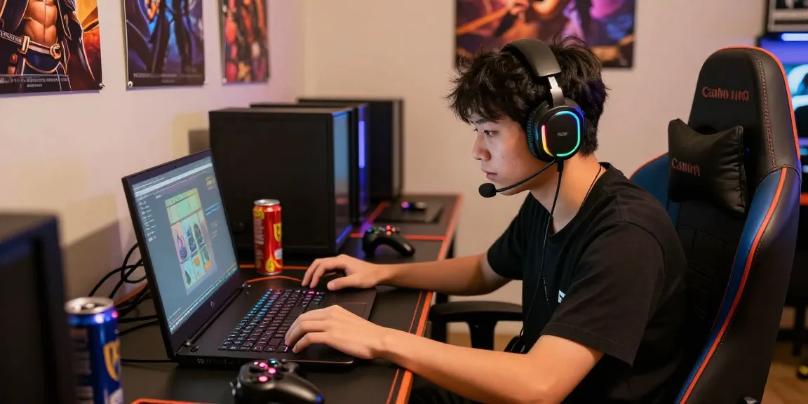 Peh888 gaming setup featuring a focused player, colorful LED lights, and high-tech gear.