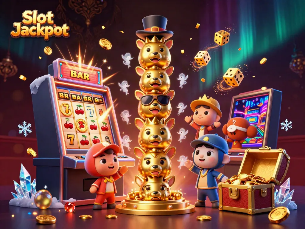Experience Slot Jackpot excitement with vibrant 3D illustration depicting a golden totem pole and bursting slot machine.