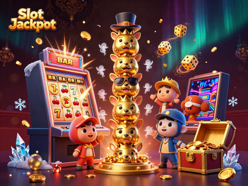 Experience Slot Jackpot excitement with vibrant 3D illustration depicting a golden totem pole and bursting slot machine.