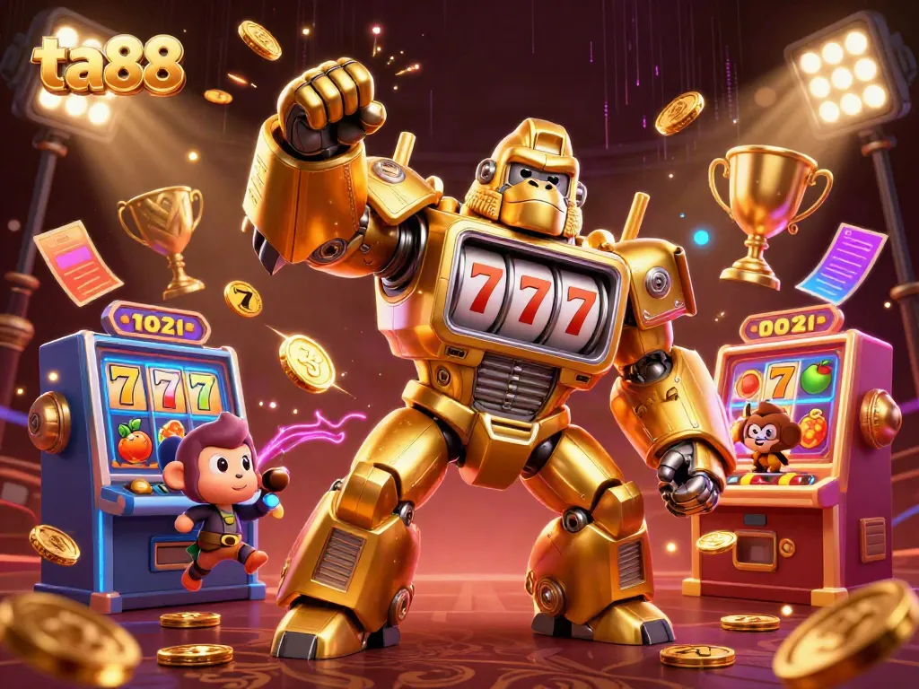 Engaging ta88 illustration of a golden gorilla mech amidst slot game elements, showcasing excitement.
