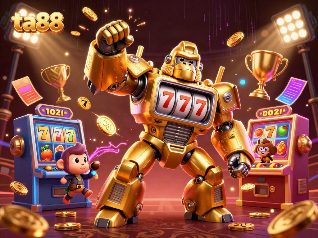 Engaging ta88 illustration of a golden gorilla mech amidst slot game elements, showcasing excitement.