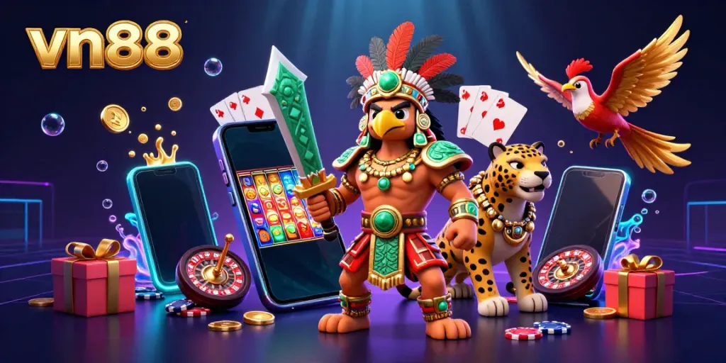 Engage with the dynamic vn88 gaming scene featuring Aztec warriors amidst virtual slots and casino elements.