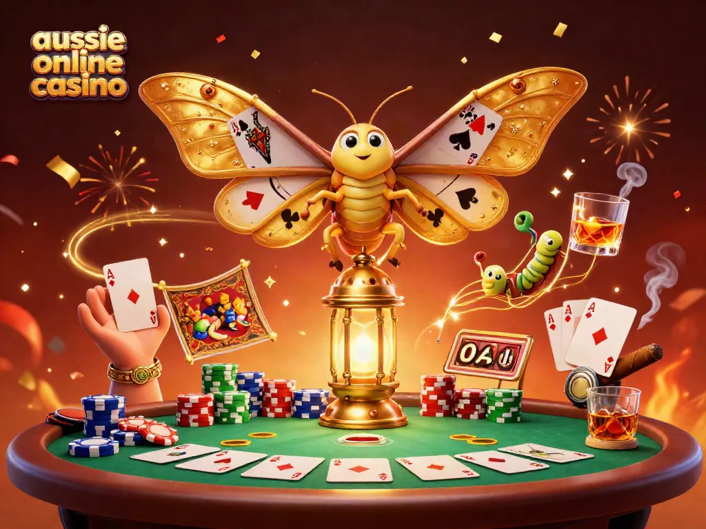 Aussie online casino scene with a golden moth, poker elements, and celebratory effects.