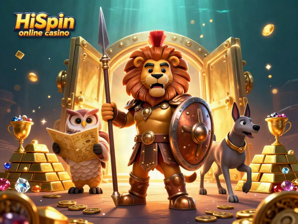 Experience the excitement of HiSpin online casino with a vibrant 3D illustration featuring legendary characters and treasures.