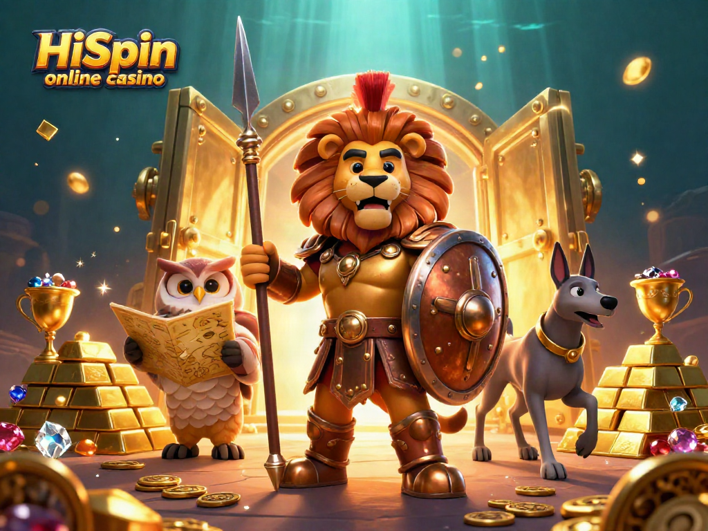 Experience the excitement of HiSpin online casino with a vibrant 3D illustration featuring legendary characters and treasures.