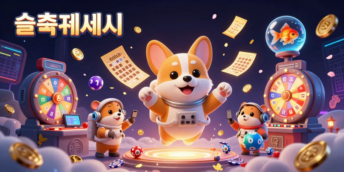슬롯사이트에서 우주 배경 속에서 코기 우주인이 슬롯 게임을 즐기는 장면입니다.