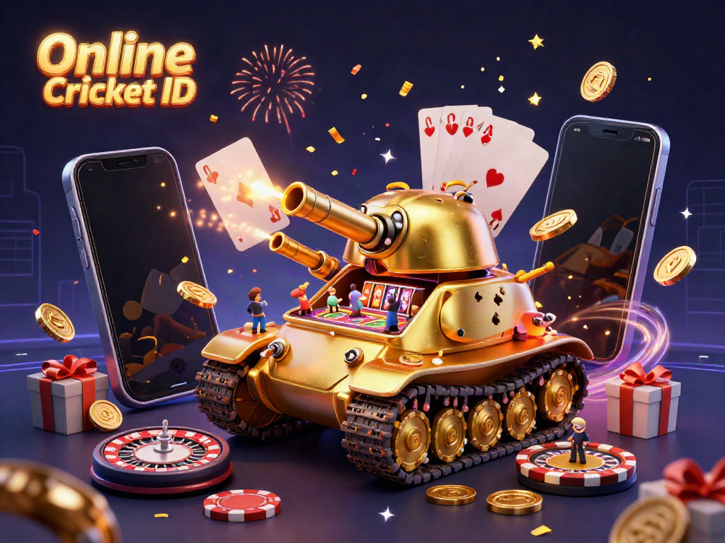 Experience the thrill of betting with Online Cricket ID, featuring a vibrant casino scene with animated characters and games.