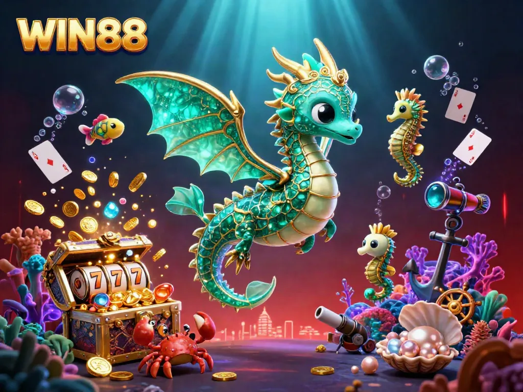 WIN88's vibrant casino scene with a dragon, treasure chest, and slot reels amidst underwater treasure.