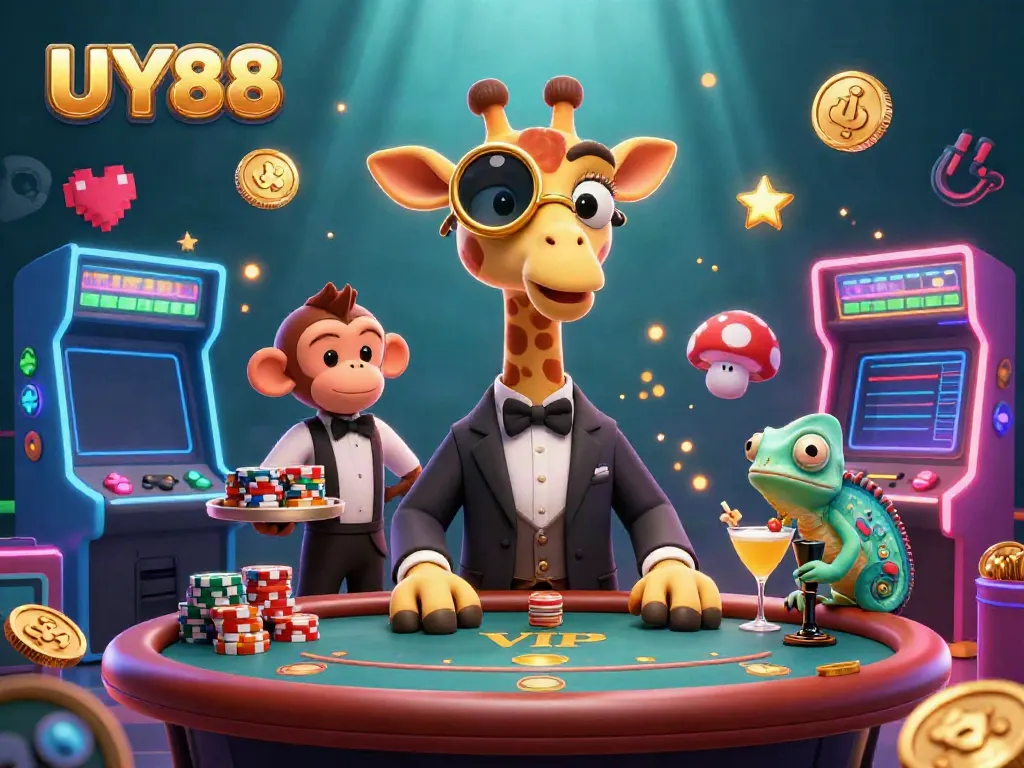 Experience UY88's thrilling casino ambiance with a high-roller giraffe and playful characters.
