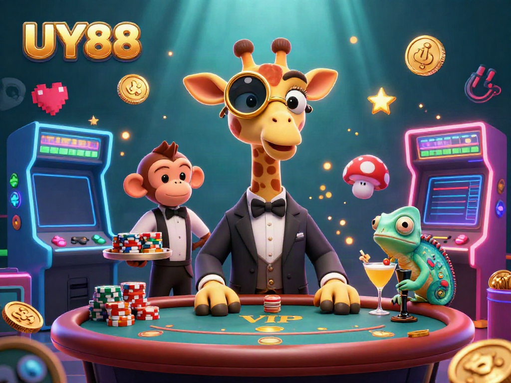 Experience UY88's thrilling casino ambiance with a high-roller giraffe and playful characters.