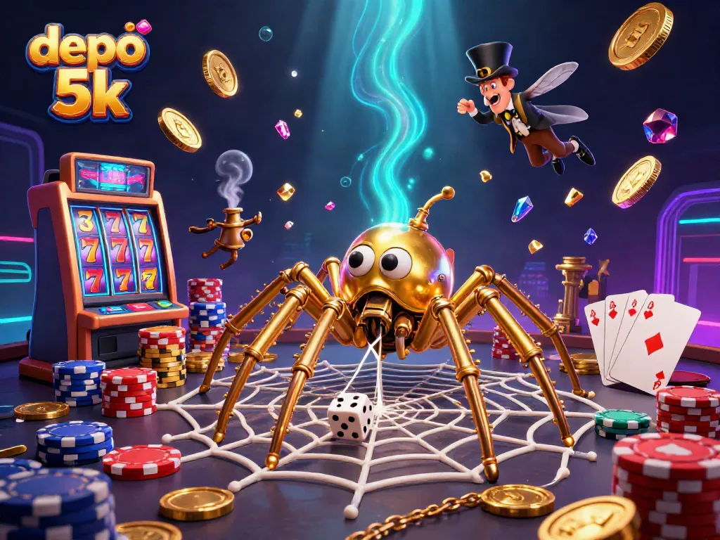 Experience the thrill of depo 5k with an intricate golden web and animated casino elements in a vibrant scene.