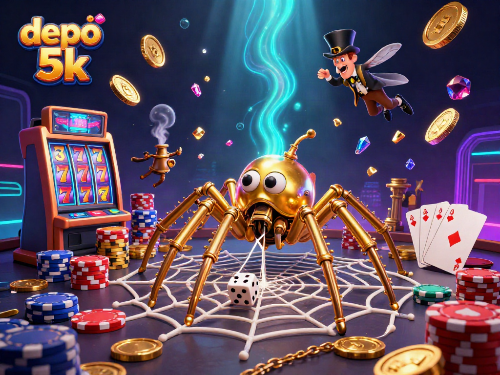 Experience the thrill of depo 5k with an intricate golden web and animated casino elements in a vibrant scene.