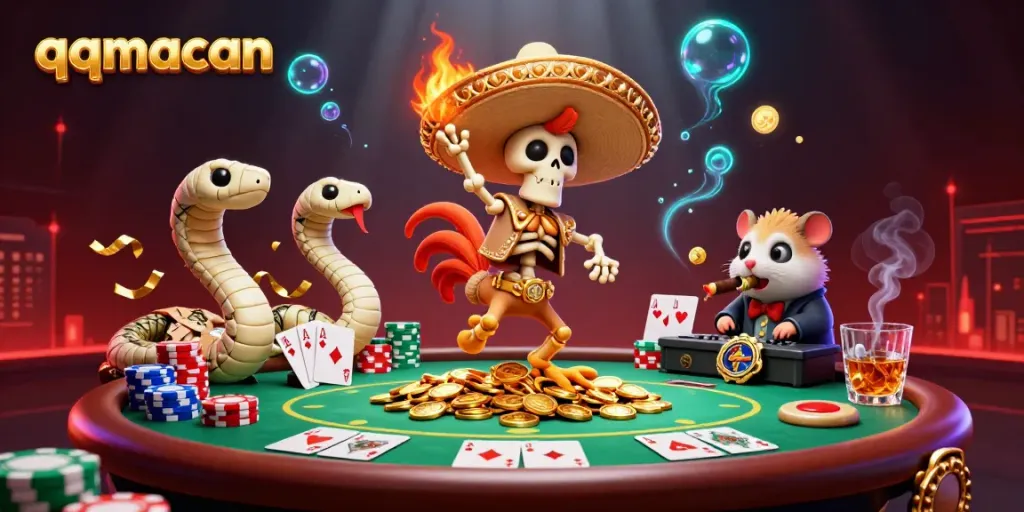 Experience the thrill of qqmacan with a dynamic 3D illustration of a mariachi rooster celebrating on gold coins.