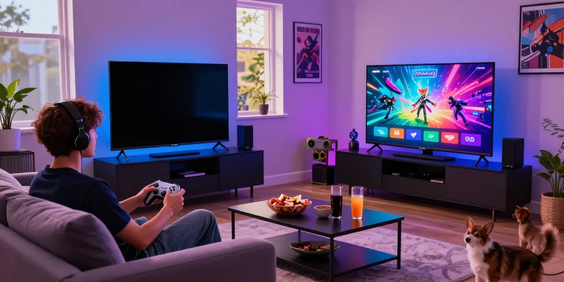 Gamer enjoying AHHA4D online slots on a big screen TV in a cozy living room.