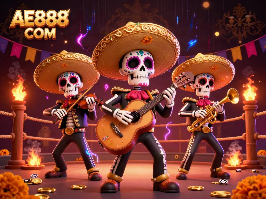 Engage in excitement with AE888 COM, illustrated by a festive skeleton mariachi band amidst a vibrant casino scene.