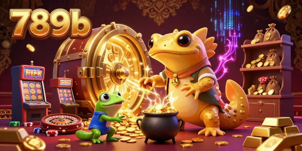 Experience exhilarating gaming action with 789b, featuring a whimsical alchemist and golden treasures in a vibrant casino.