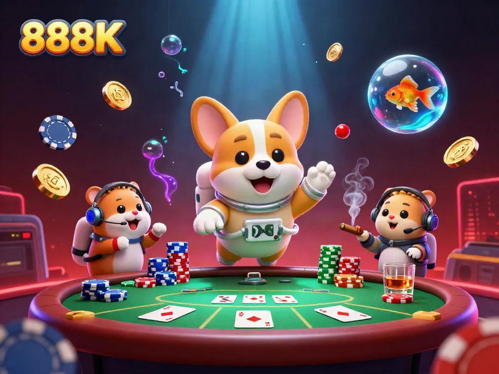 Engage in thrilling space casino adventures with 888K's vibrant 3D illustration filled with animated characters
