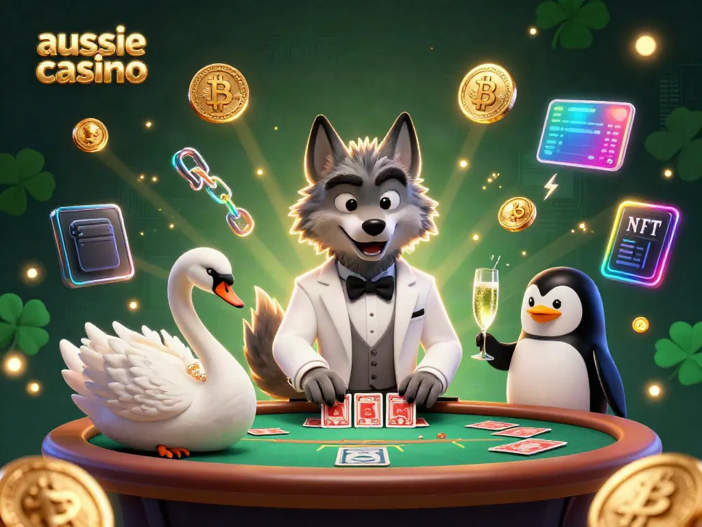 Engage with the brilliance of aussie casino, featuring a stylish wolf at a baccarat table surrounded by crypto elements.