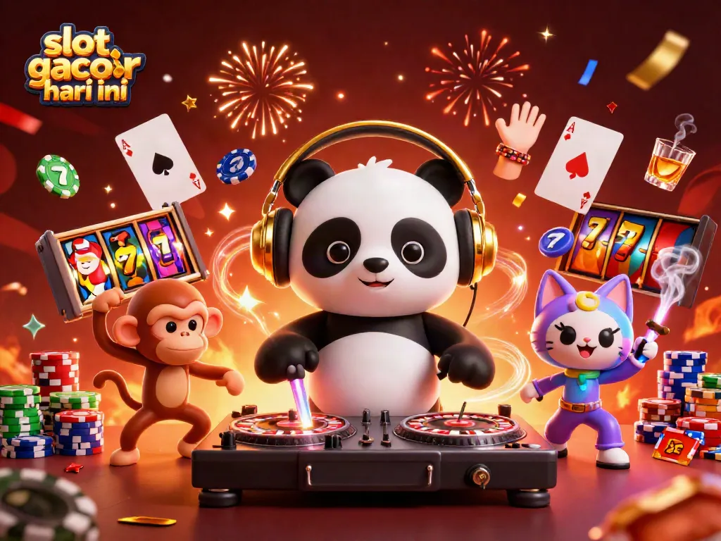 Experience the thrill of slot gacor hari ini with lively characters celebrating around jackpot reels.